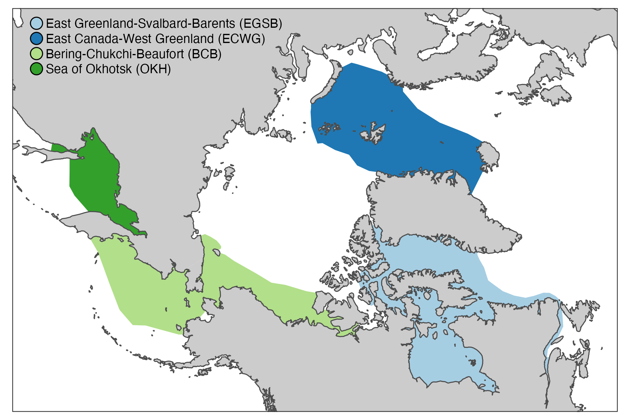 Kortet viser den nuværende udbredelse for grønlandshvalen (i farver). Arten forvaltes som fire bestande: Østgrønland-Svalbard-Barentshavet (mørkeblå); Canada-Vestgrønland (lyseblå); Beringshavet-Tjuktjerhavet-Beauforthavet (lysegrøn); Det Okhotske Hav (mørkegrøn).
