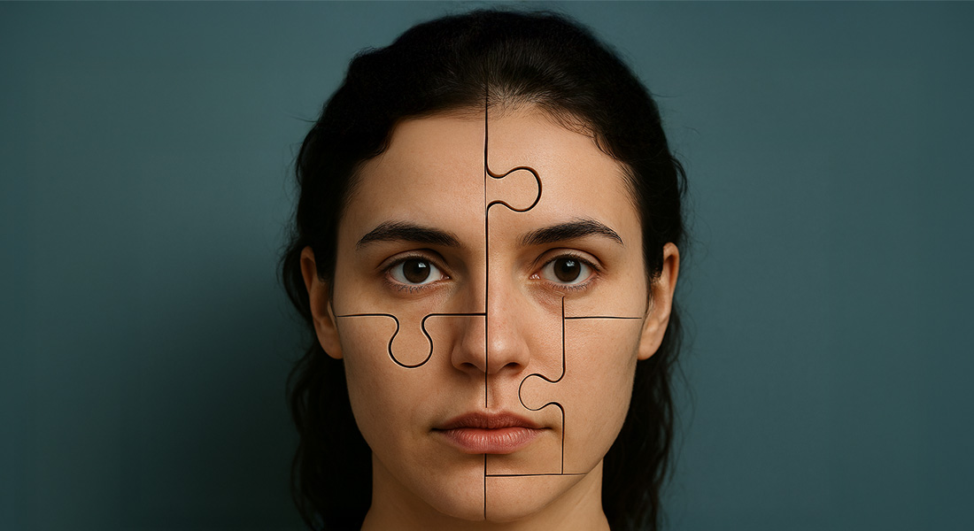 Female face divided into jigsaw pieces.
