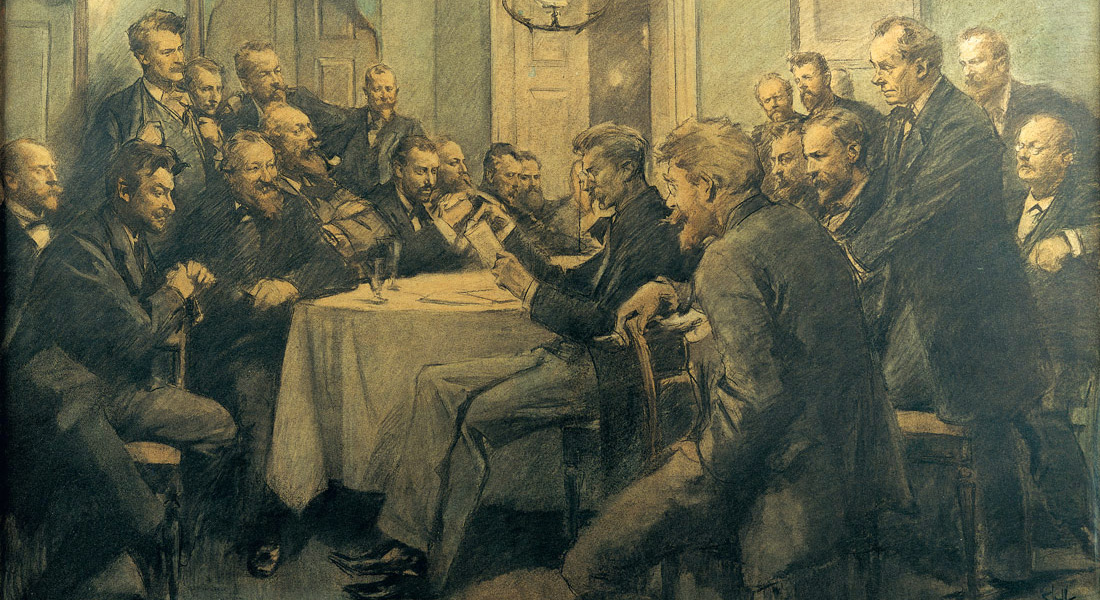 J.P. Jacobsen læser op af novellen Pesten i Bergamo under et møde i foreningen Bogstaveligheden 1. marts 1882. Mange af det moderne gennembruds koryfæer er med på billedet, bl.a. Georg og Edvard Brandes. Tegning: Erik Henningsen, 1910. 