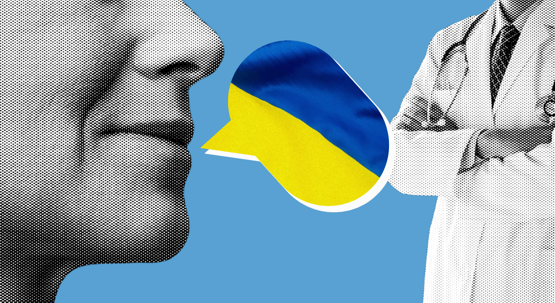 Illustration af mund og taleboble med det ukrainske flag samt en læge med armene over kors